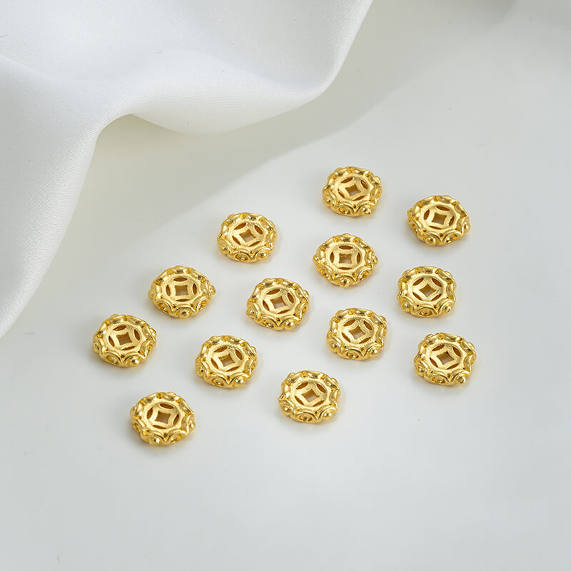Gold wheel spacer beads, copper coin spacer, cylindrical barrel beads, lion awakening beads