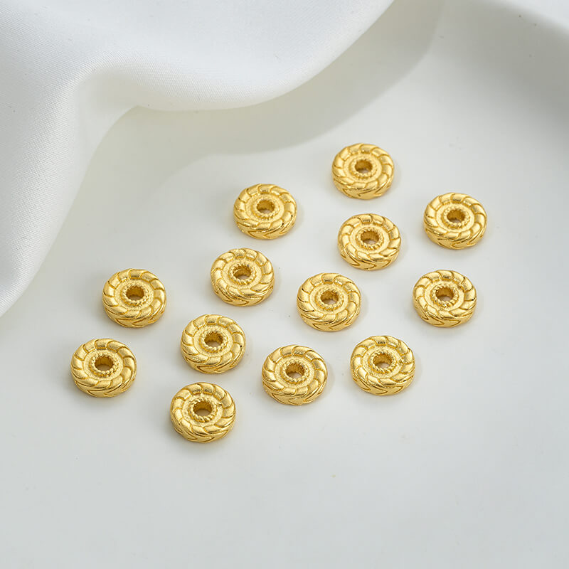 Gold wheel spacer beads, copper coin spacer, cylindrical barrel beads, lion awakening beads