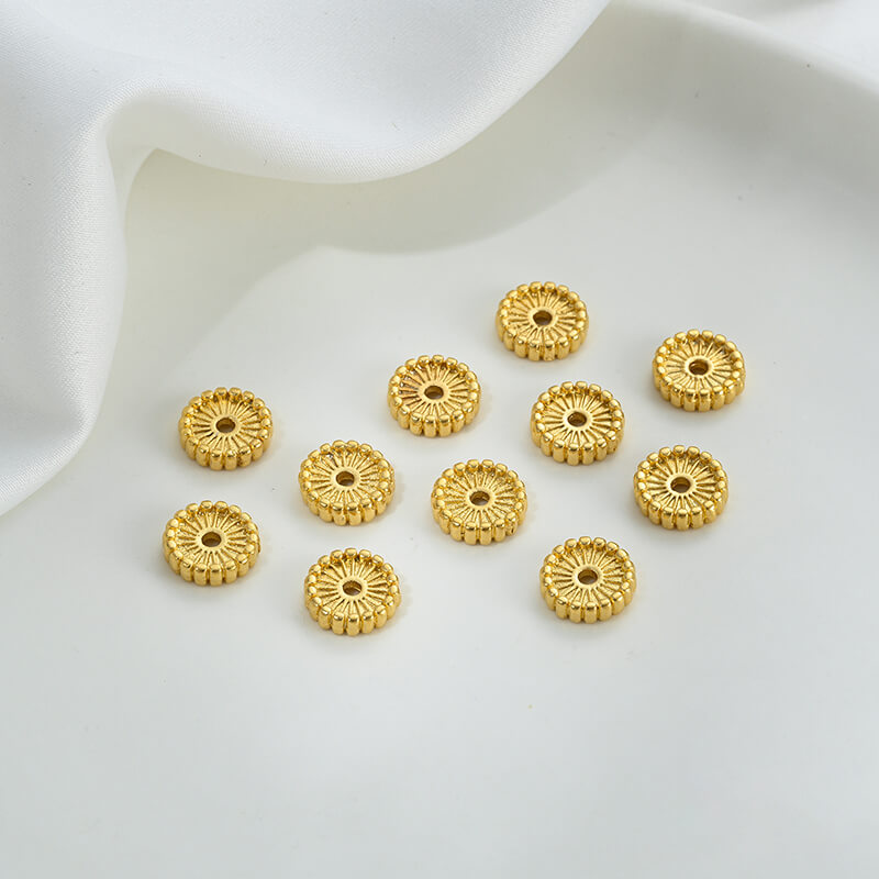 Gold wheel spacer beads, copper coin spacer, cylindrical barrel beads, lion awakening beads
