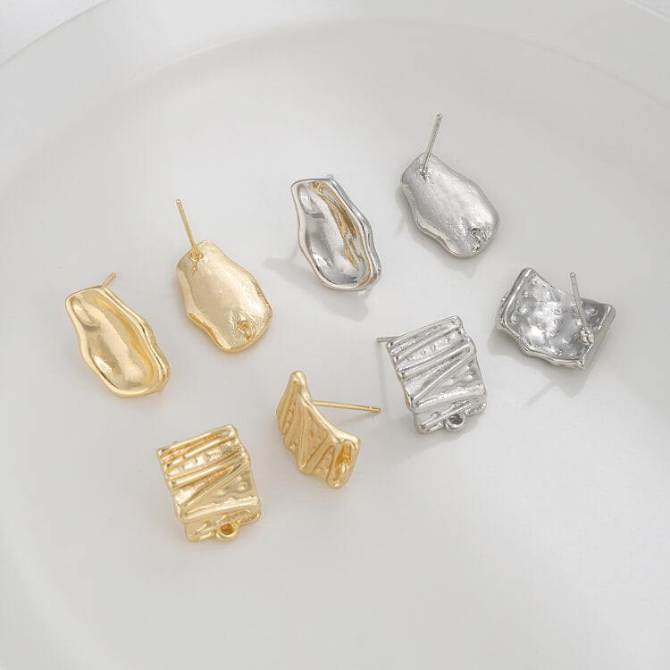 14K Gold Plated Earring Studs – Wrinkle Texture & Irregular Concave DIY Findings with 925 Silver Posts for Jewelry Making
