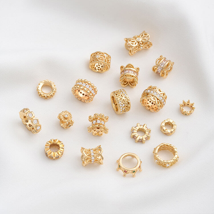 14K gold-plated zircon lace double-sided torus crown large hole spacer bead