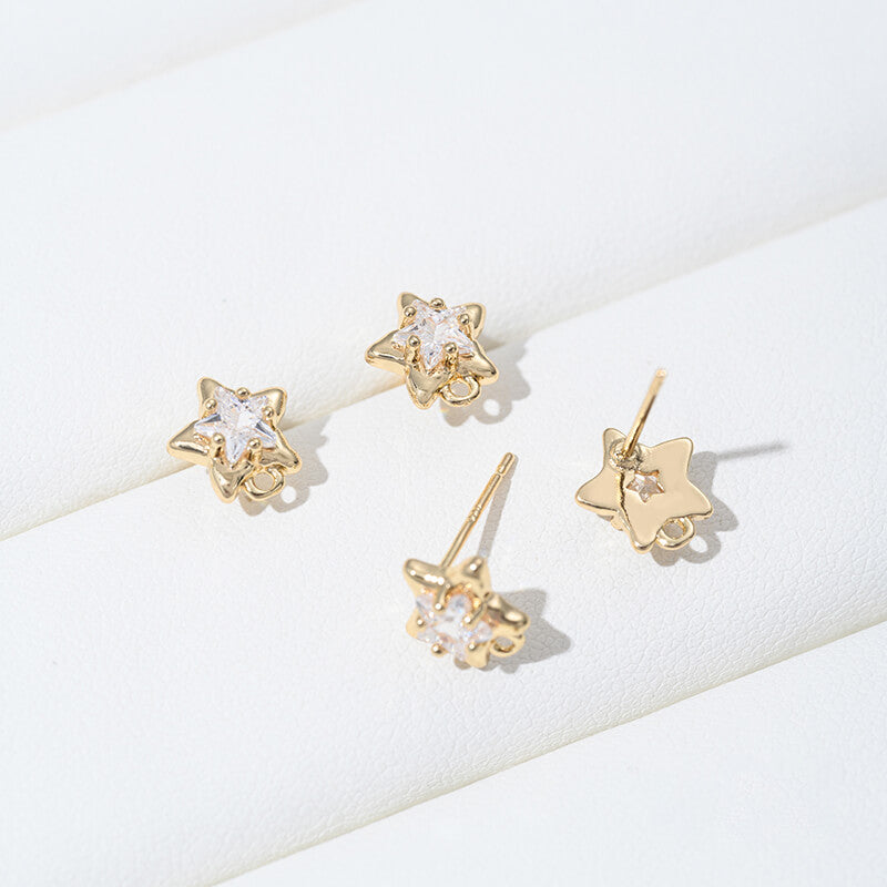 Earring Studs, 14K Gold Plated Zircon Geometric Lava Heart Star Rectangle DIY Findings with 925 Silver Posts