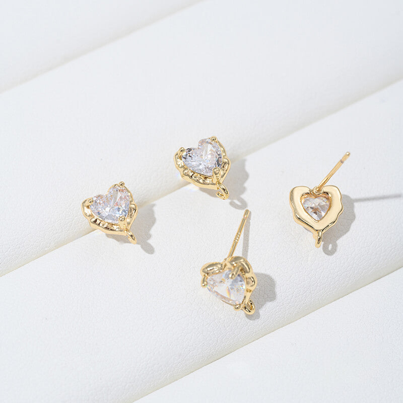 Earring Studs, 14K Gold Plated Zircon Geometric Lava Heart Star Rectangle DIY Findings with 925 Silver Posts