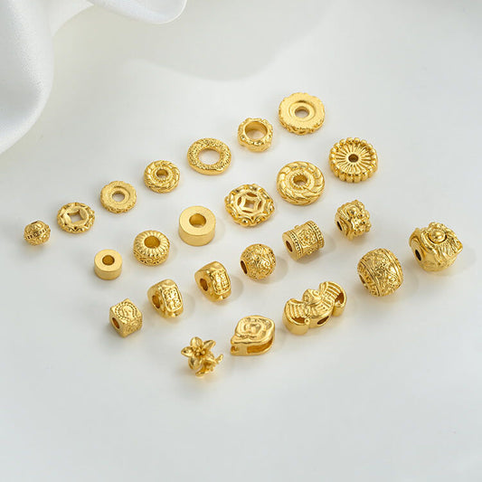 Gold wheel spacer beads, copper coin spacer, cylindrical barrel beads, lion awakening beads