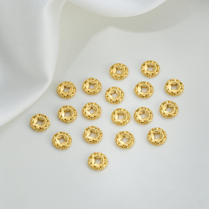 Gold wheel spacer beads, copper coin spacer, cylindrical barrel beads, lion awakening beads