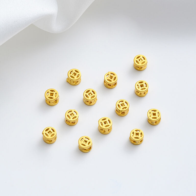 Matt gold sand gold copper coin with blessing character, peace and joy, hollow small spacer beads