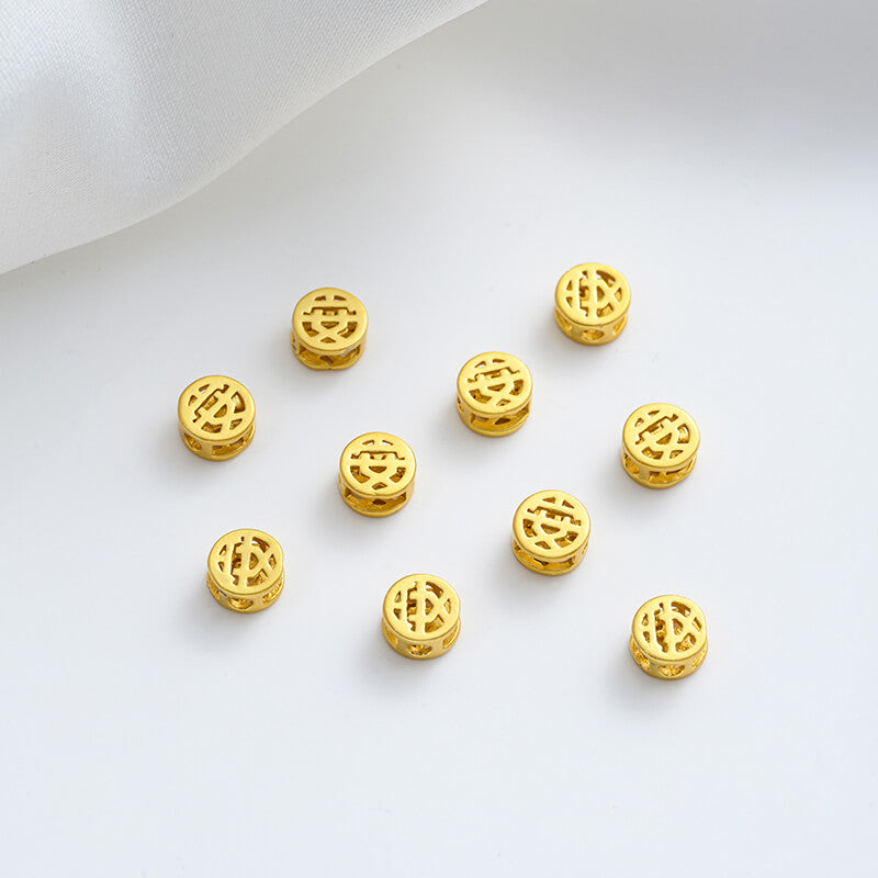 Matt gold sand gold copper coin with blessing character, peace and joy, hollow small spacer beads