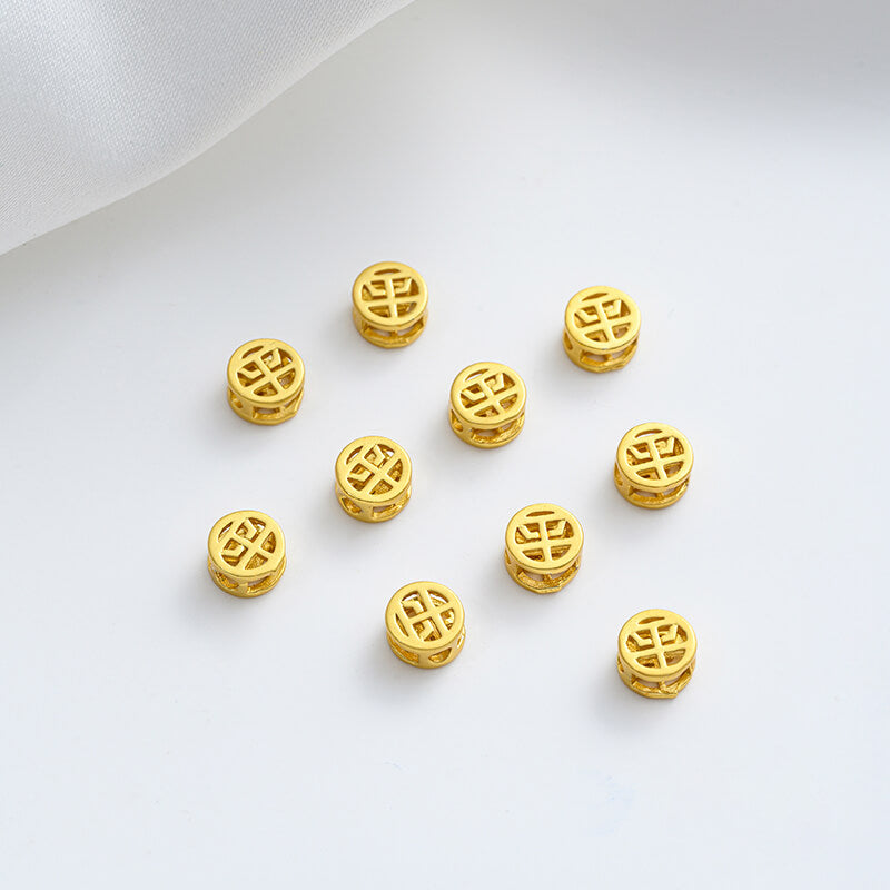Matt gold sand gold copper coin with blessing character, peace and joy, hollow small spacer beads