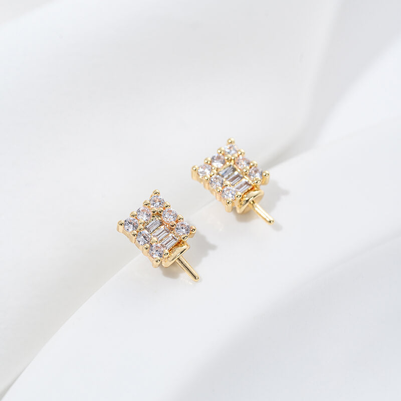 Earring Studs, 14K Gold Plated Zircon Square Rectangle Flower Pearl Cup Settings DIY Findings with 925 Silver Posts