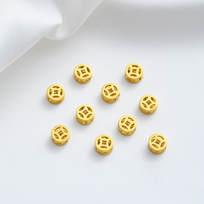 Matt gold sand gold copper coin with blessing character, peace and joy, hollow small spacer beads
