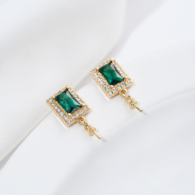 Earring Studs, 14K Gold Plated Zircon Square Rectangle Flower Pearl Cup Settings DIY Findings with 925 Silver Posts
