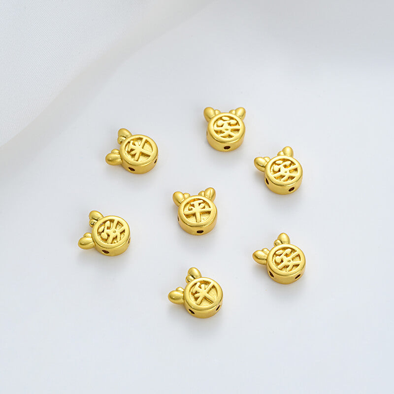 Matt gold sand gold copper coin with blessing character, peace and joy, hollow small spacer beads