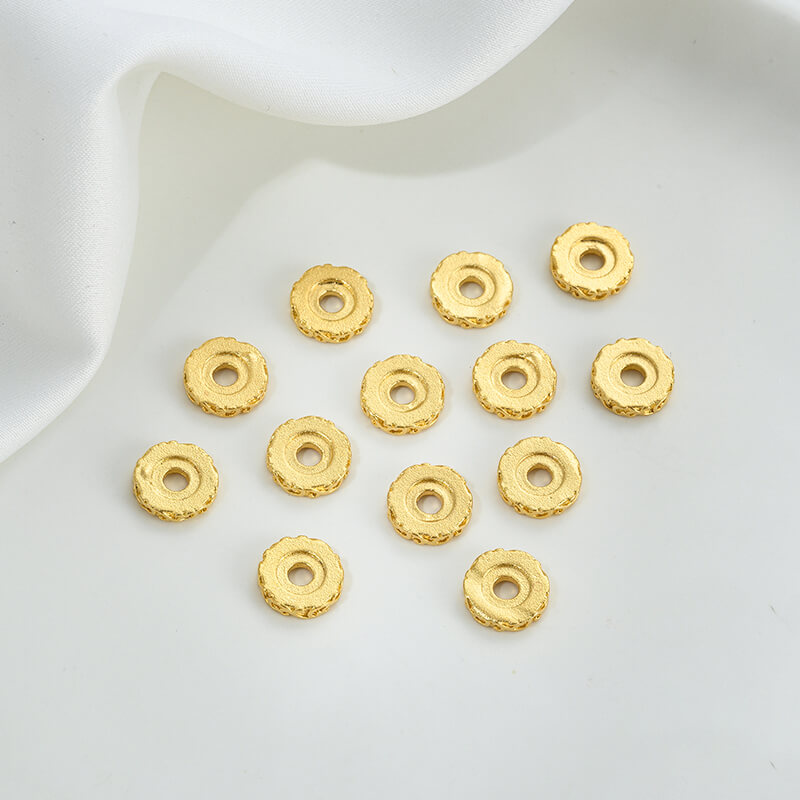 Gold wheel spacer beads, copper coin spacer, cylindrical barrel beads, lion awakening beads