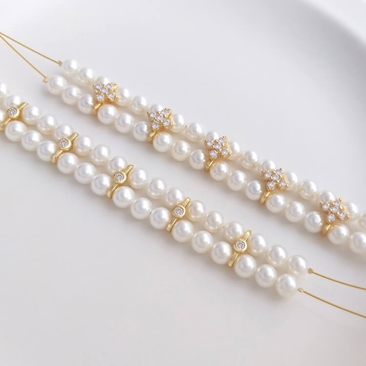 Double row bracelet with zirconium inlaid pearl spacer with double hole spacer