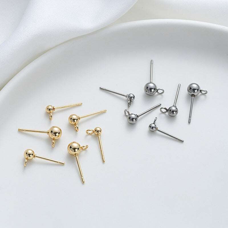 Earring Posts ,Round Ball Studs with Loops, 14K Gold Plated&Stainless Steel DIY Earring Findings