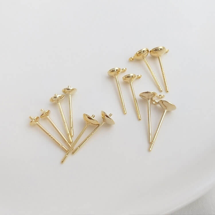 Earring Posts – S925 Sterling Silver 14K Gold Plated Half Bezel Pearl Setting Studs, DIY Earrings Supplies