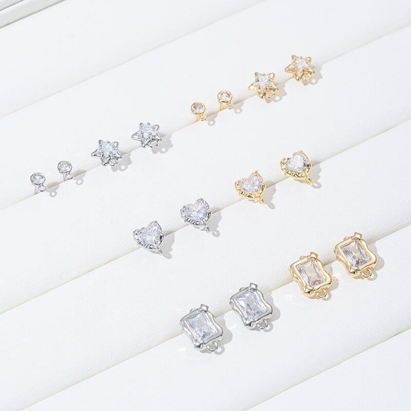 Earring Studs, 14K Gold Plated Zircon Geometric Lava Heart Star Rectangle DIY Findings with 925 Silver Posts
