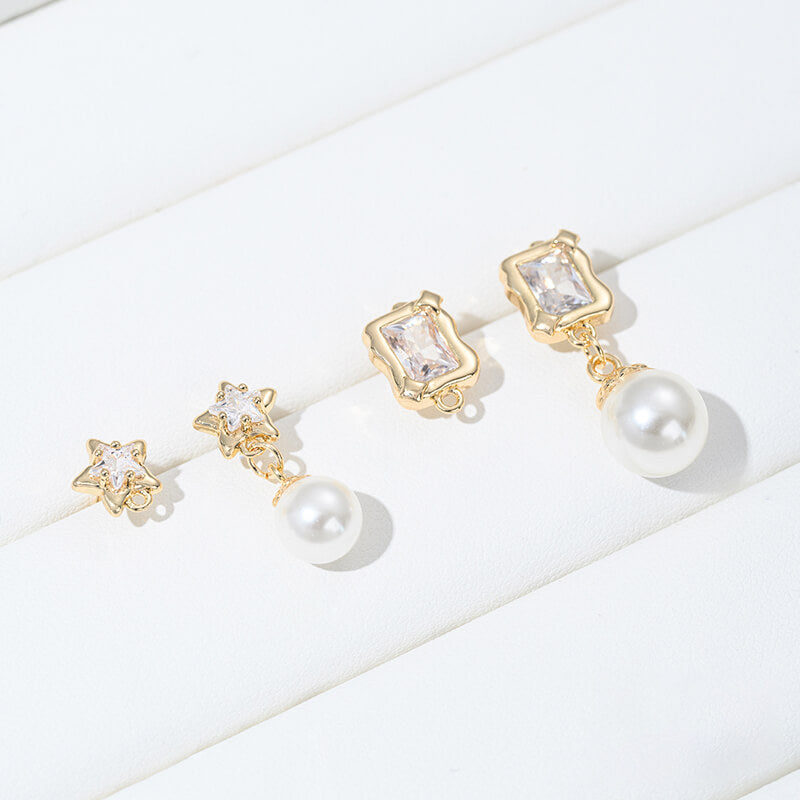 Earring Studs, 14K Gold Plated Zircon Geometric Lava Heart Star Rectangle DIY Findings with 925 Silver Posts