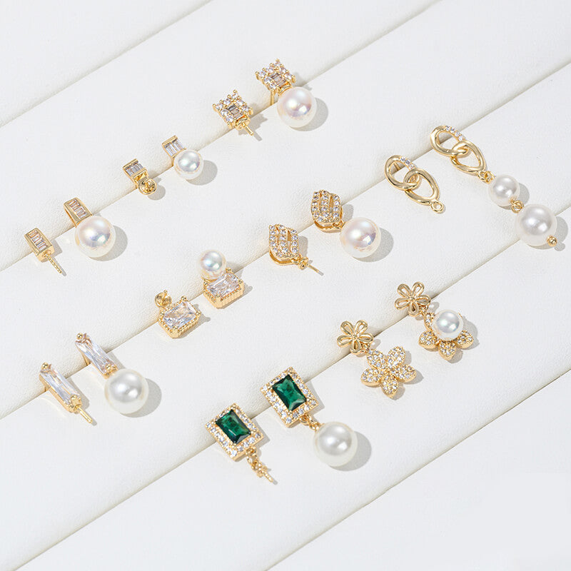 Earring Studs, 14K Gold Plated Zircon Square Rectangle Flower Pearl Cup Settings DIY Findings with 925 Silver Posts
