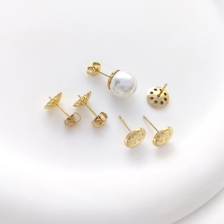 Earring Studs – Flower Mesh Cup Settings, 14k Gold-Plated DIY Half Hole Stud Findings