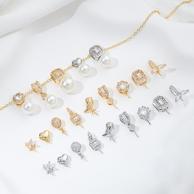 Geometric necklace pendant with zircon, bird, four-leaf clover, heart-shaped pearl setting