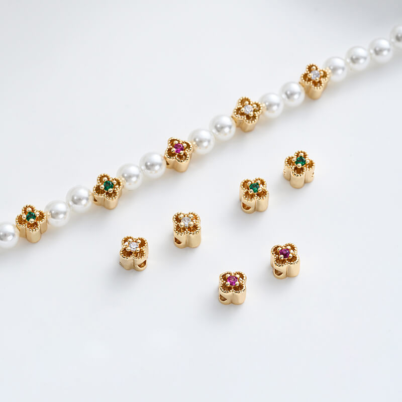 Hollow lace colored zirconium four-leaf clover spacer beads