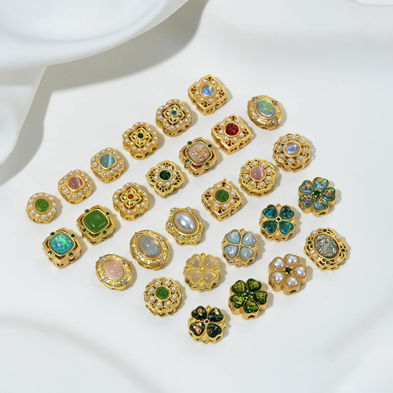 Inlaid with imitation pearls, cat's eye stones, imitation jasper colored gemstones