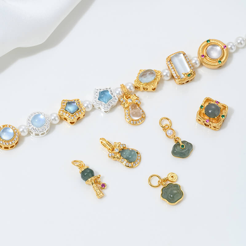 Inlaid with natural crystal aquamarine porous spacer beads jadeite water foam jade Ruyi gourd pendant