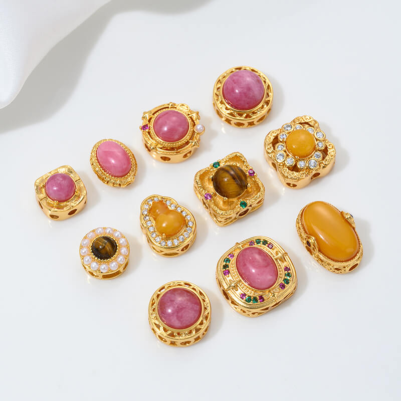 Inlaid with natural rose stone cabochon tiger eye stone beeswax porous spacer beads