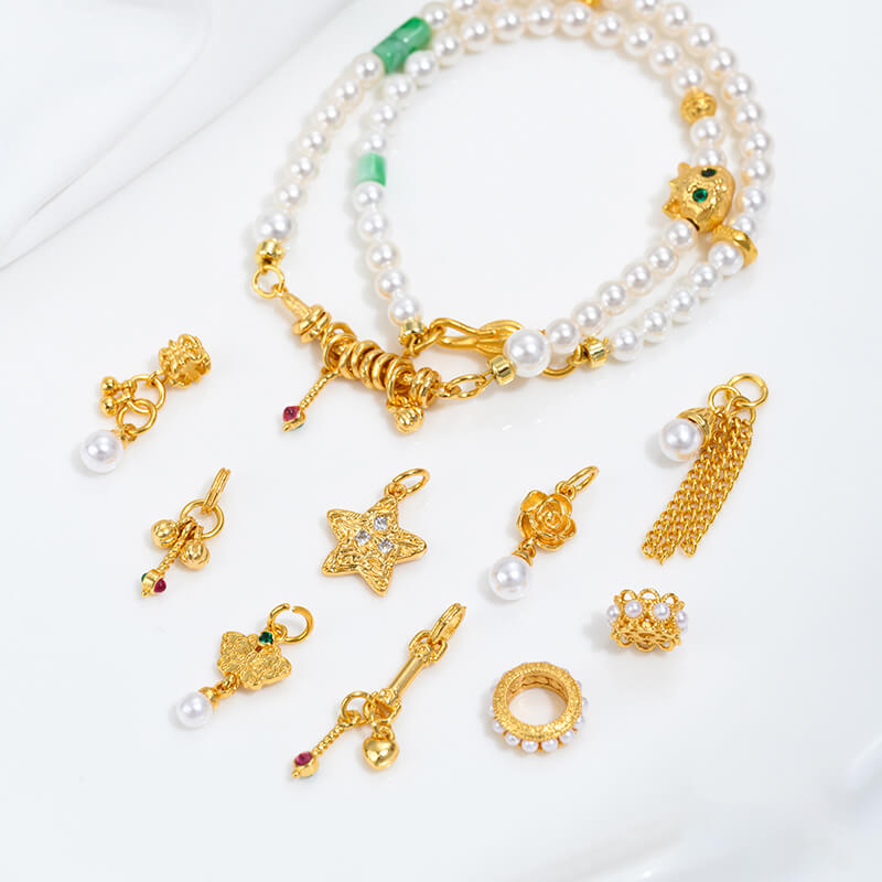 Pearl-inlaid ring cat head spacer bead hanging bead bell chain tassel pendant