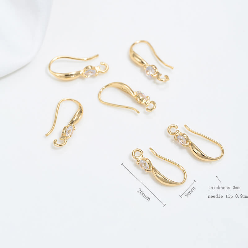 Teardrop-shaped simple ear hooks with diamonds copper-clad 14K real gold