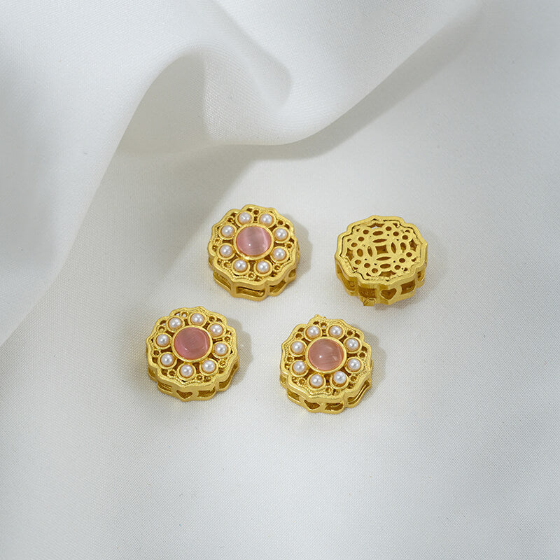 Inlaid with imitation pearls, cat's eye stones, imitation jasper colored gemstones
