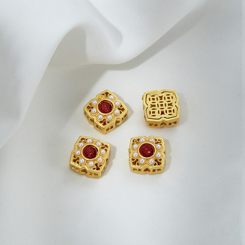 Inlaid with imitation pearls, cat's eye stones, imitation jasper colored gemstones