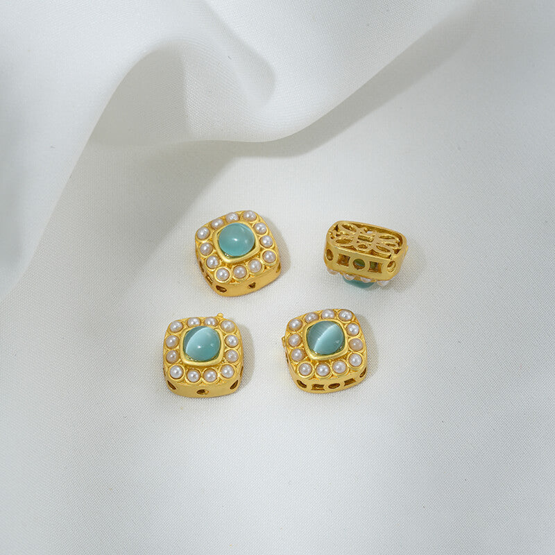 Inlaid with imitation pearls, cat's eye stones, imitation jasper colored gemstones