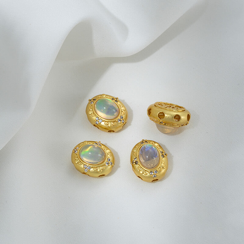 Inlaid with imitation pearls, cat's eye stones, imitation jasper colored gemstones