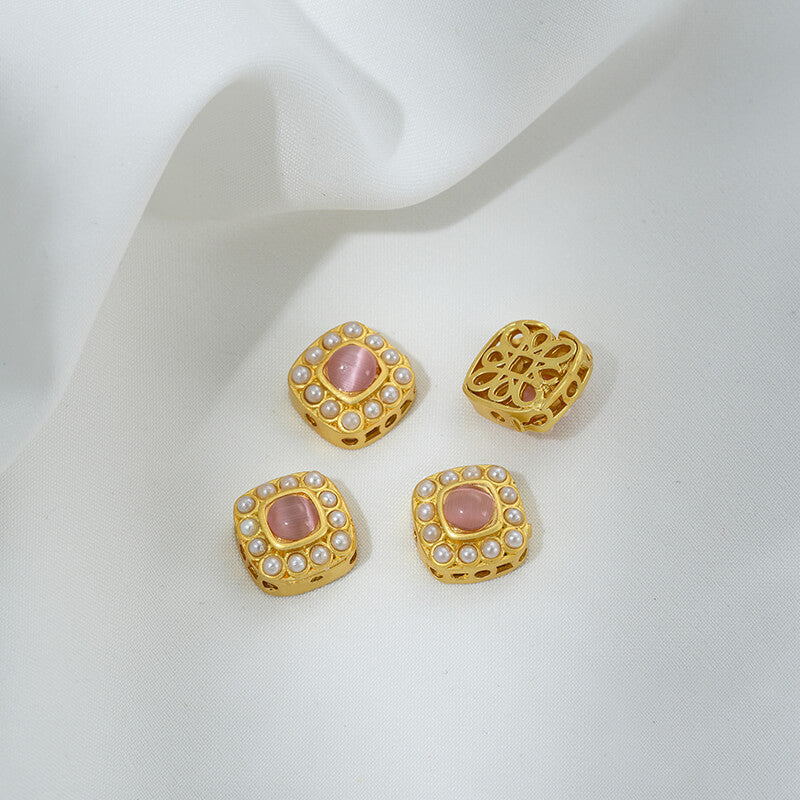 Inlaid with imitation pearls, cat's eye stones, imitation jasper colored gemstones