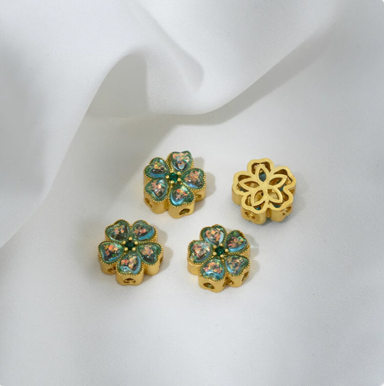 Inlaid with imitation pearls, cat's eye stones, imitation jasper colored gemstones