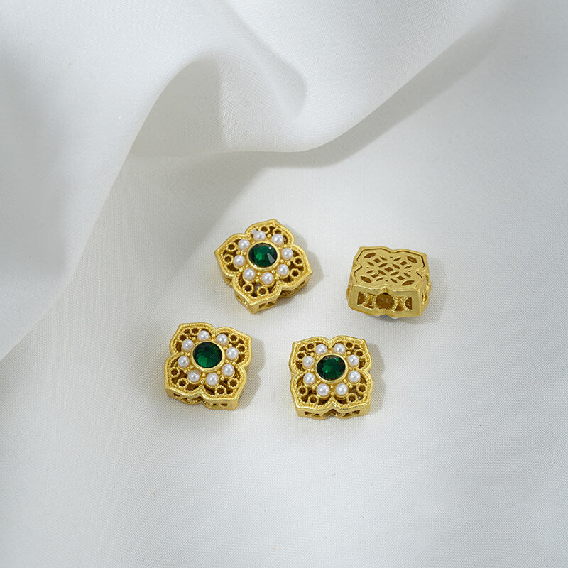Inlaid with imitation pearls, cat's eye stones, imitation jasper colored gemstones