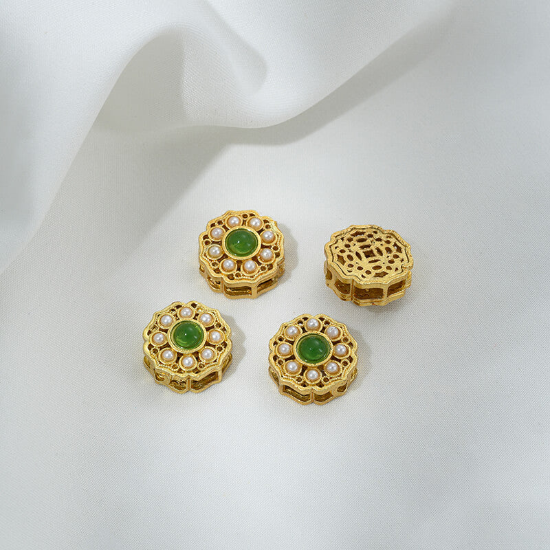 Inlaid with imitation pearls, cat's eye stones, imitation jasper colored gemstones