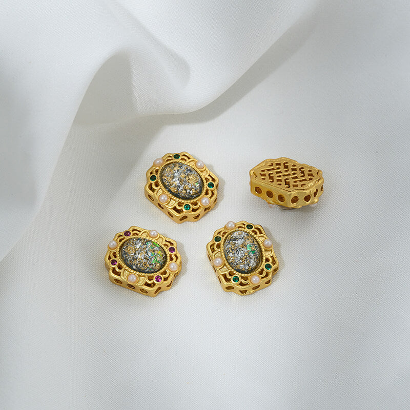 Inlaid with imitation pearls, cat's eye stones, imitation jasper colored gemstones