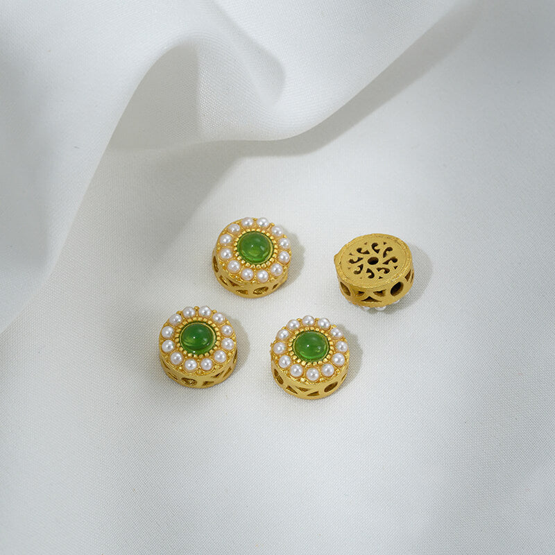 Inlaid with imitation pearls, cat's eye stones, imitation jasper colored gemstones