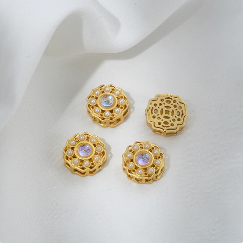 Inlaid with imitation pearls, cat's eye stones, imitation jasper colored gemstones