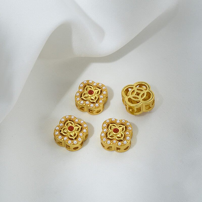 Inlaid with imitation pearls, cat's eye stones, imitation jasper colored gemstones