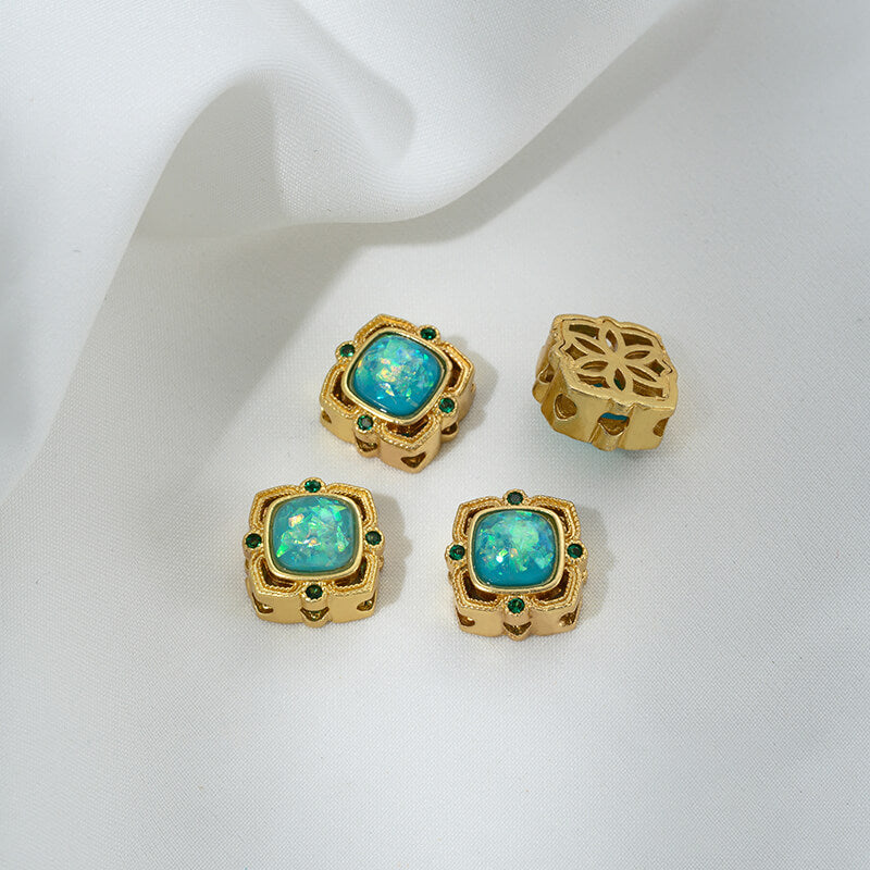 Inlaid with imitation pearls, cat's eye stones, imitation jasper colored gemstones