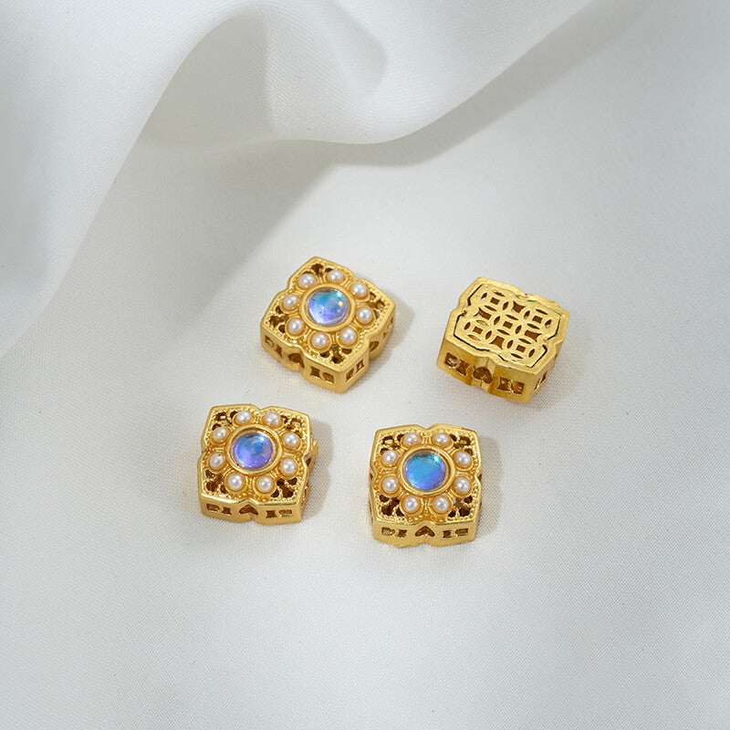 Inlaid with imitation pearls, cat's eye stones, imitation jasper colored gemstones