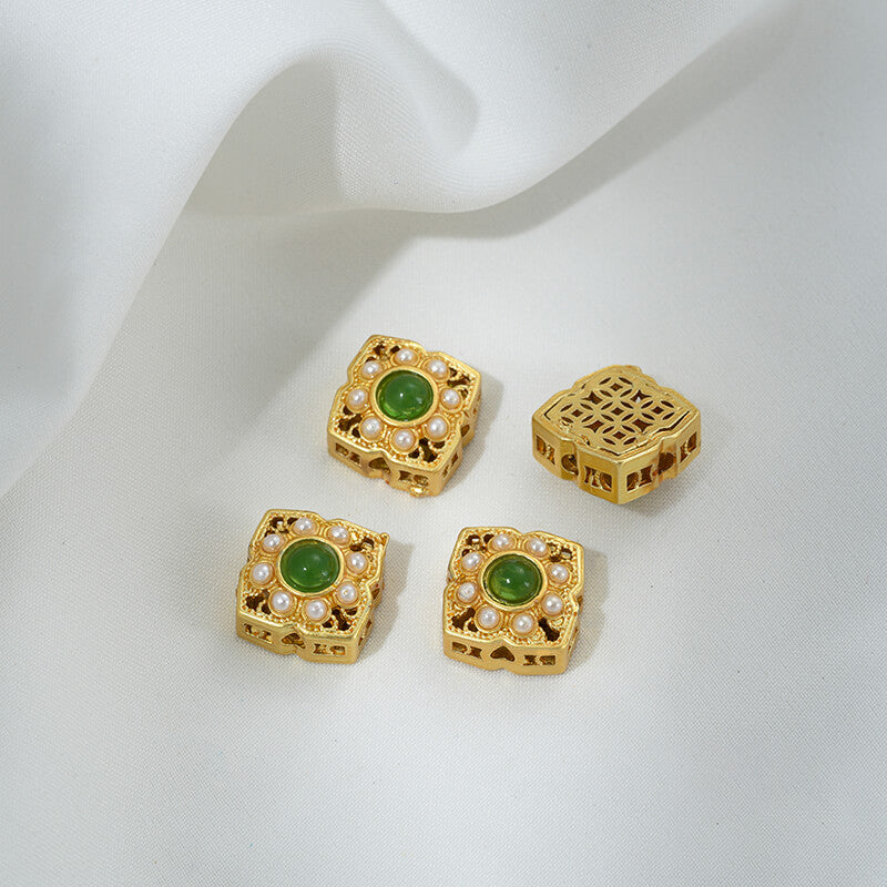Inlaid with imitation pearls, cat's eye stones, imitation jasper colored gemstones
