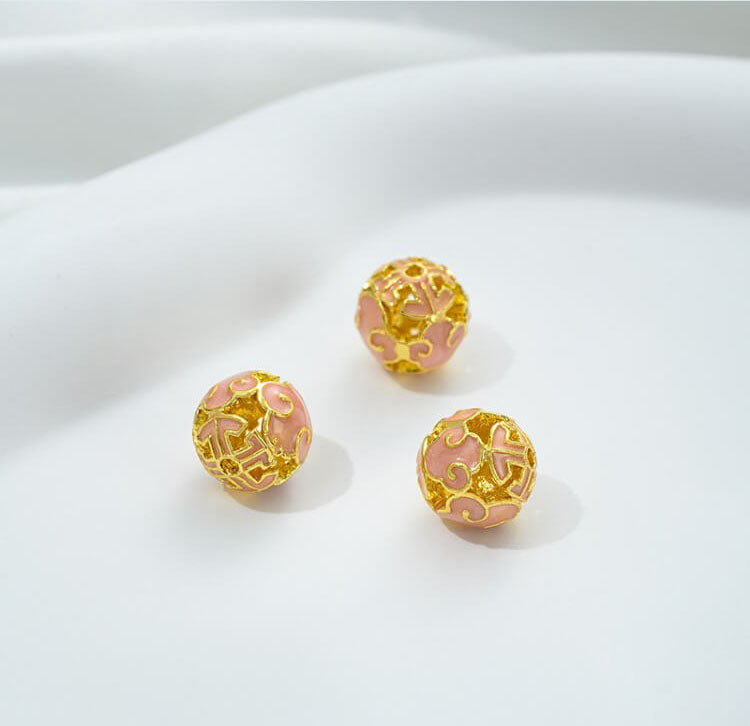 Pink oil-drop cloisonne pink cherry blossom spacer bead round ball straight tube