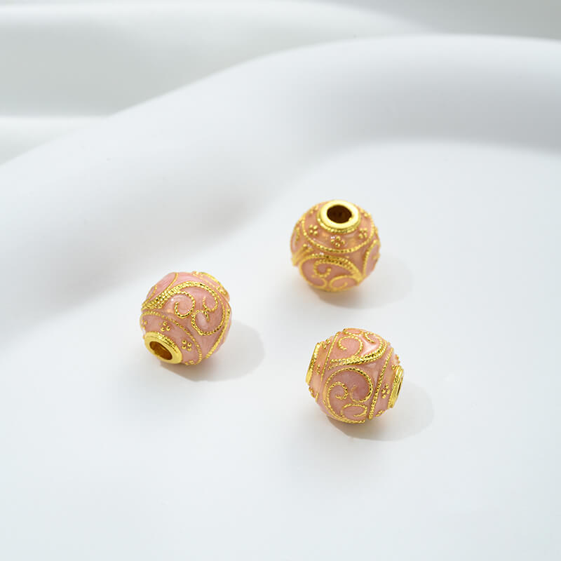 Pink oil-drop cloisonne pink cherry blossom spacer bead round ball straight tube