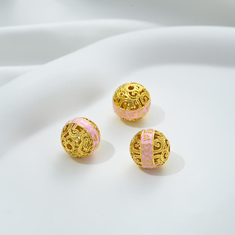 Pink oil-drop cloisonne pink cherry blossom spacer bead round ball straight tube