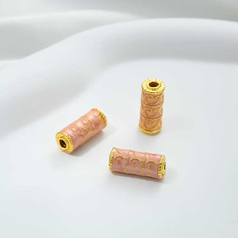 Pink oil-drop cloisonne pink cherry blossom spacer bead round ball straight tube